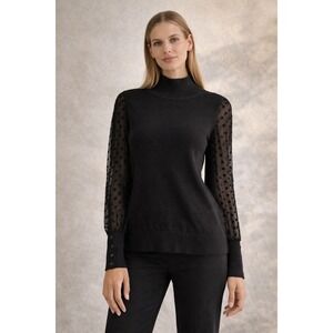 Talbots Women L Mock Neck Sweater Sheer Polka Dot Mesh Puff Sleeve Button Cuff